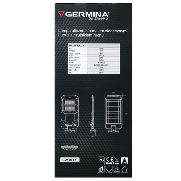 Germina GW-0112 Lampa uliczna z panelem słonecznym Lupus z czujnikiem ruchu